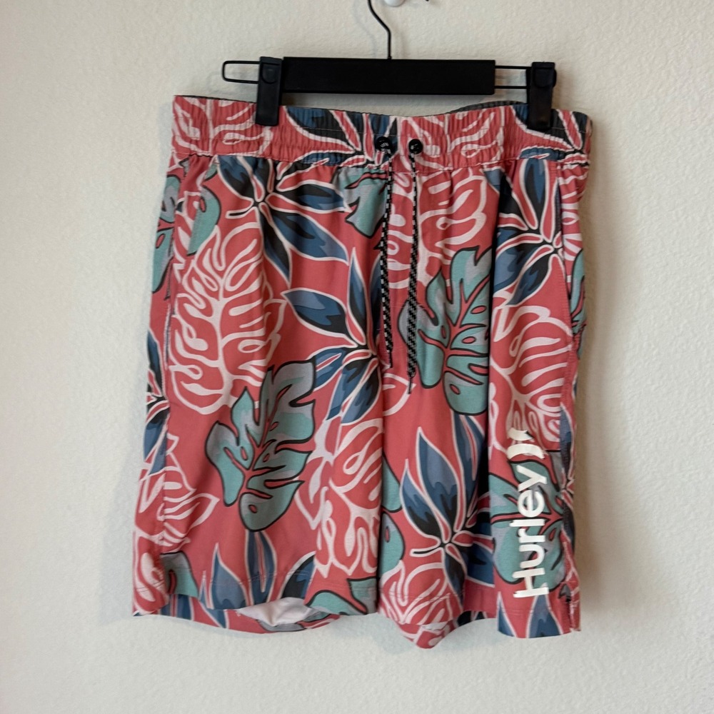 Hurley Mens Tropical Monstera Print Swim Trunks Coral Teal Medium Board Shorts